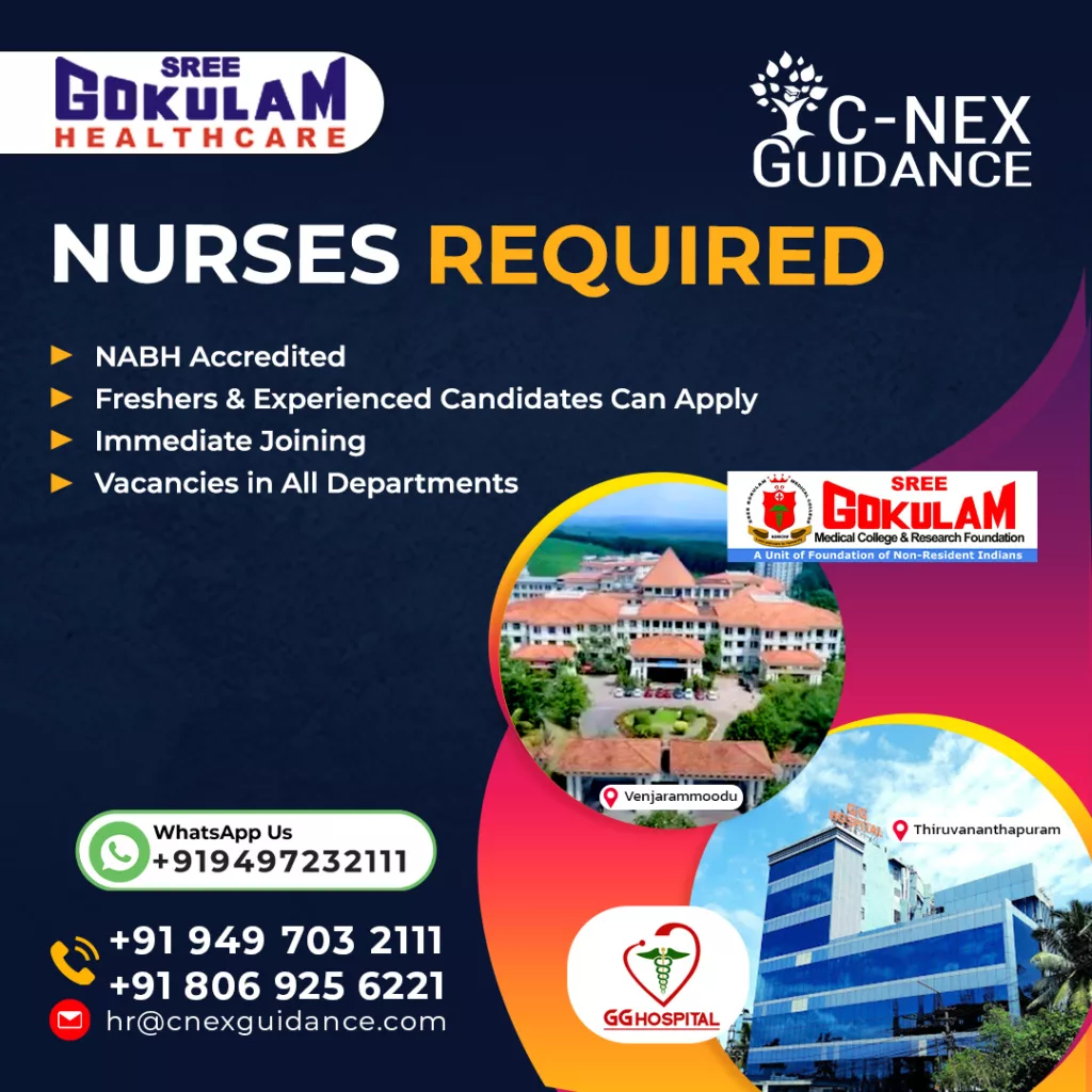 Nursing Recruitment for Sree Gokulam Healthcare Institutions