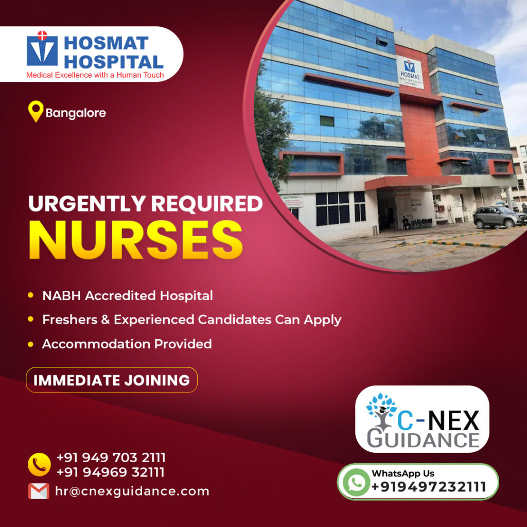 Nursing Recruitment for Hosmat Hospital, Magrath Road,Bangalore